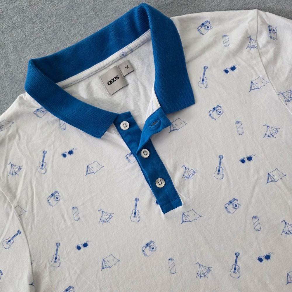 ASOS Mens Polo Shirt White Blue Camping Festival Print Cotton Size M 02780185